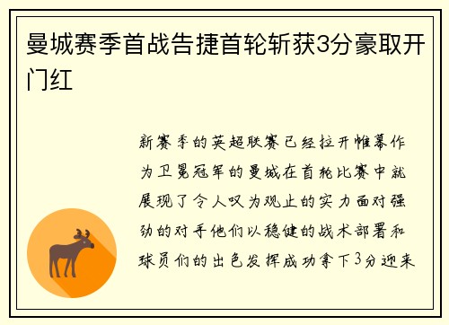 曼城赛季首战告捷首轮斩获3分豪取开门红